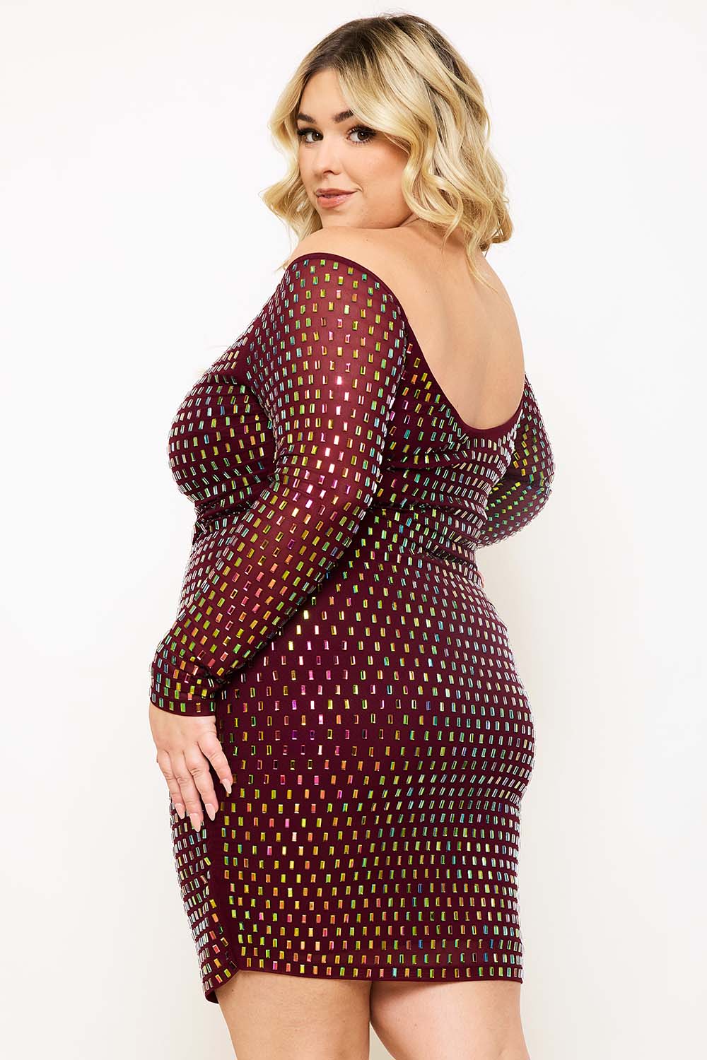 Symphony Dress - Rhinestone On Power Mesh Off The Shoulder Night Out Plus Size Mini Dress | Zezebe