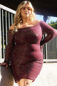 Symphony Dress - Rhinestone On Power Mesh Off The Shoulder Night Out Plus Size Mini Dress | Zezebe