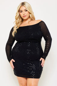 Symphony Dress - Rhinestone On Power Mesh Off The Shoulder Night Out Plus Size Mini Dress | Zezebe