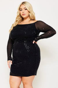 Symphony Dress - Rhinestone On Power Mesh Off The Shoulder Night Out Plus Size Mini Dress | Zezebe