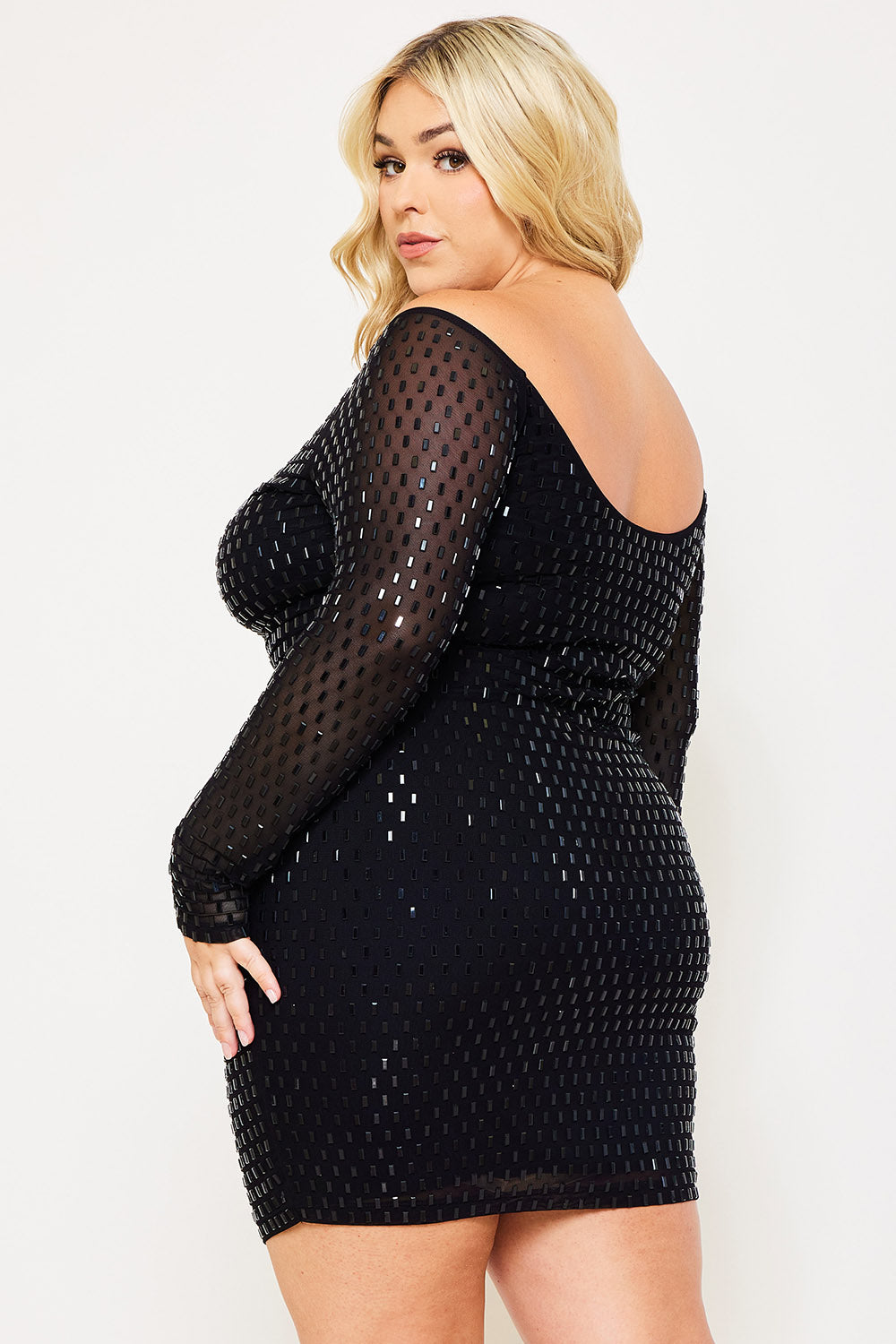 Symphony Dress - Rhinestone On Power Mesh Off The Shoulder Night Out Plus Size Mini Dress | Zezebe