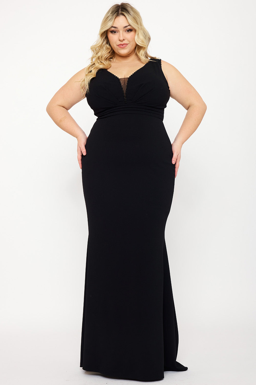 Symphony Dress - Mesh Detailed On Bust Pleated Plus Size Maxi Dress | Zezebe