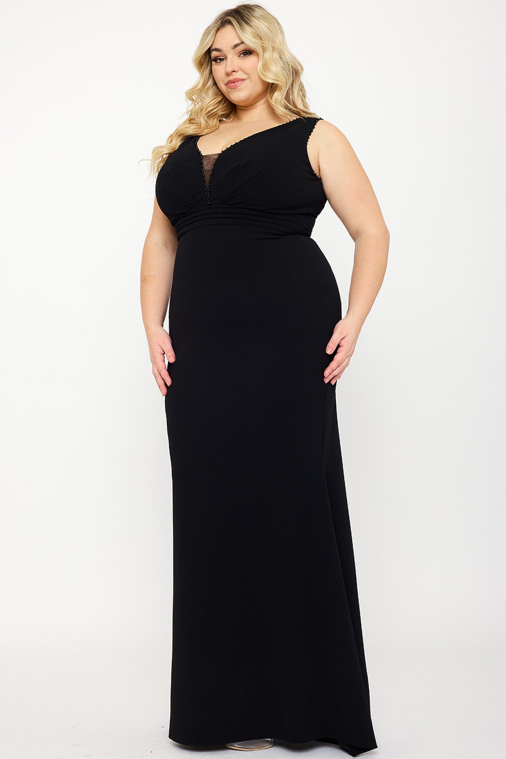 Symphony Dress - Mesh Detailed On Bust Pleated Plus Size Maxi Dress | Zezebe