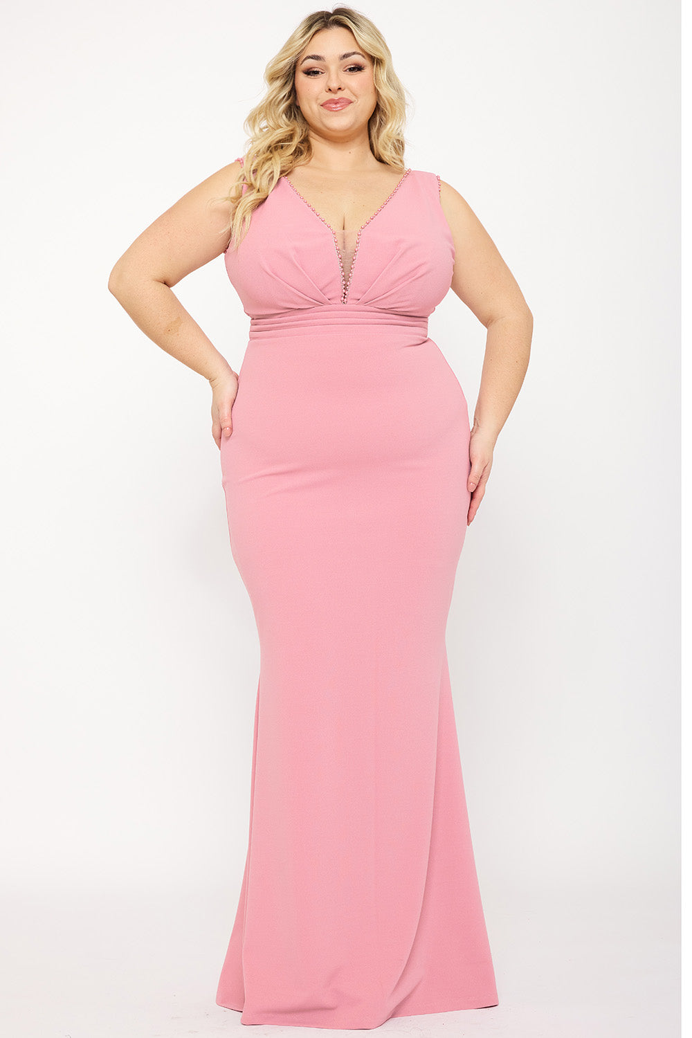 Symphony Dress - Mesh Detailed On Bust Pleated Plus Size Maxi Dress | Zezebe