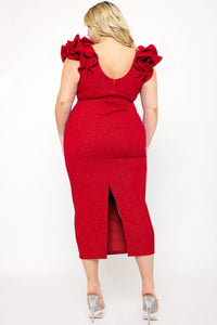 Symphony Dress - Glitter Ruffle Shoulders Night Out Plus Size Midi Dress | Zezebe