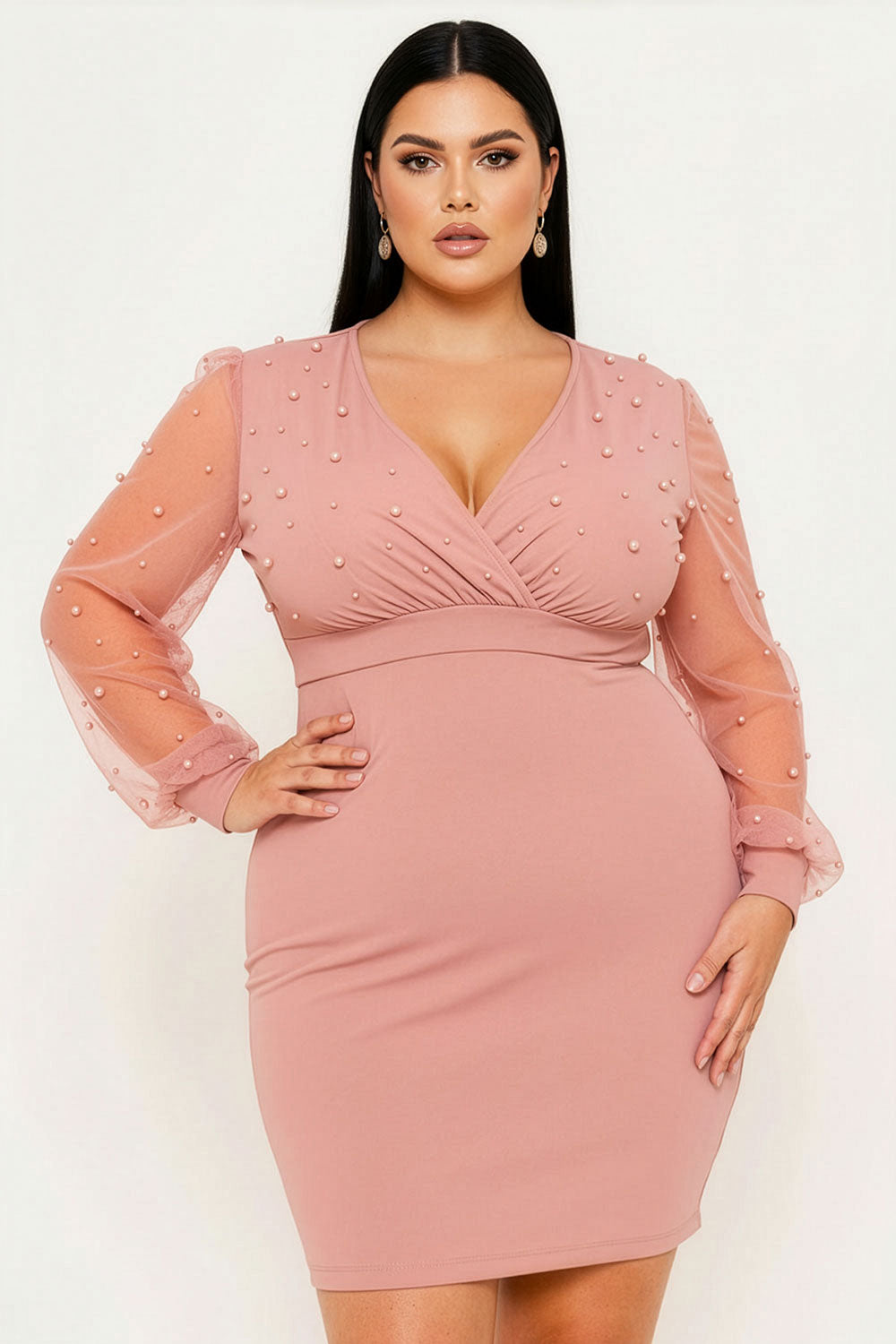 Symphony Dress - Pearl Beaded On Mesh With Contrast Power Satin Night Out Plus Size Mini Dress | Zezebe