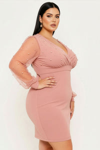 Symphony Dress - Pearl Beaded On Mesh With Contrast Power Satin Night Out Plus Size Mini Dress | Zezebe