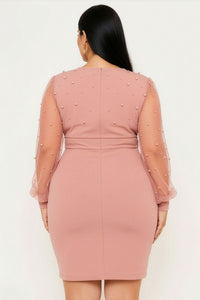 Symphony Dress - Pearl Beaded On Mesh With Contrast Power Satin Night Out Plus Size Mini Dress | Zezebe