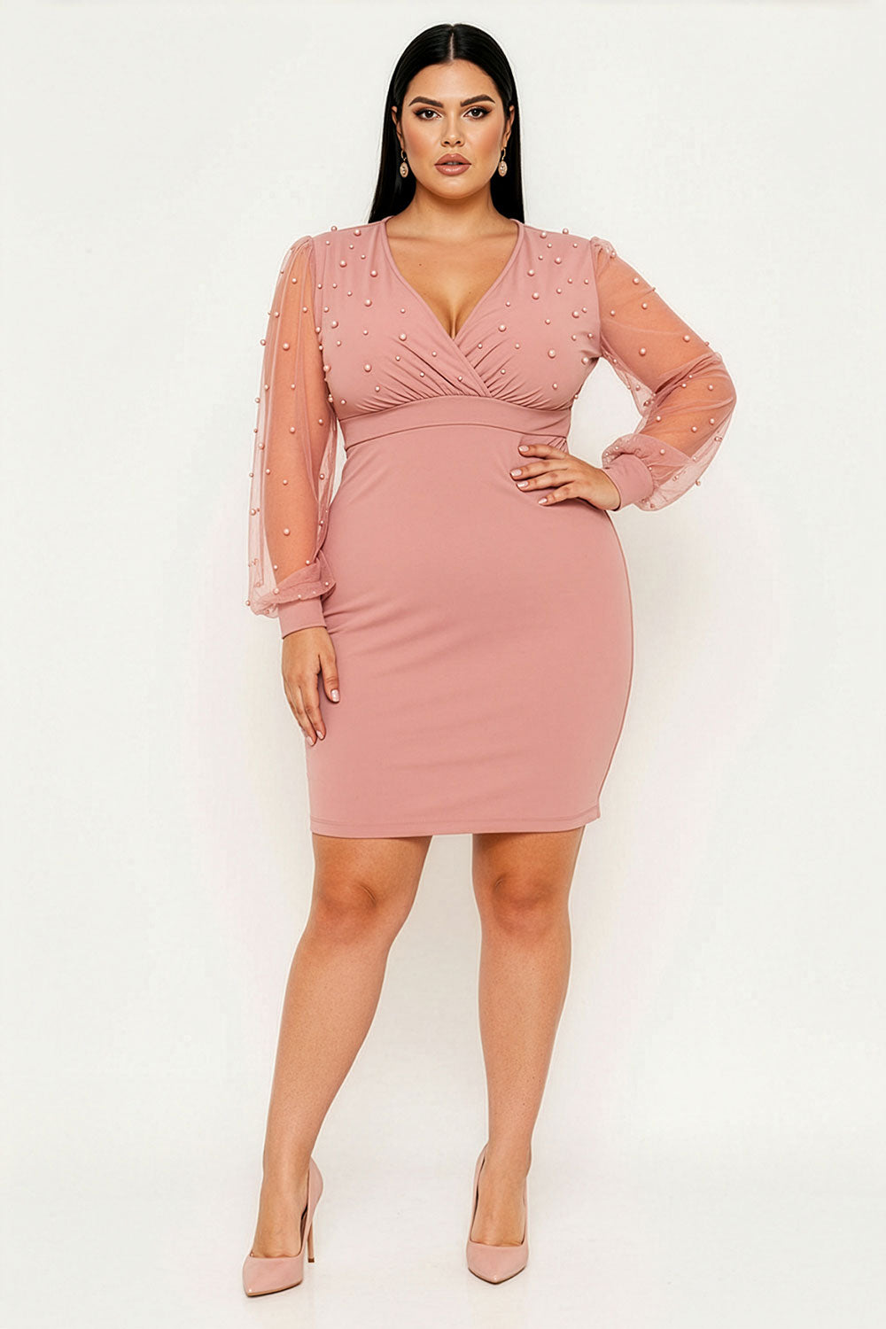 Symphony Dress - Pearl Beaded On Mesh With Contrast Power Satin Night Out Plus Size Mini Dress | Zezebe