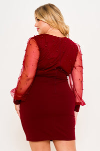 Symphony Dress - Pearl Beaded On Mesh With Contrast Power Satin Night Out Plus Size Mini Dress | Zezebe