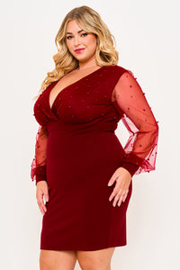 Symphony Dress - Pearl Beaded On Mesh With Contrast Power Satin Night Out Plus Size Mini Dress | Zezebe