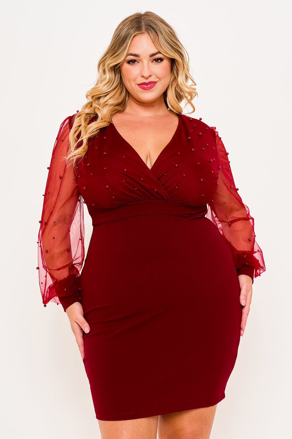 Symphony Dress - Pearl Beaded On Mesh With Contrast Power Satin Night Out Plus Size Mini Dress | Zezebe
