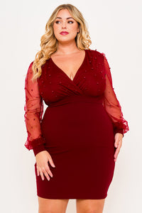 Symphony Dress - Pearl Beaded On Mesh With Contrast Power Satin Night Out Plus Size Mini Dress | Zezebe
