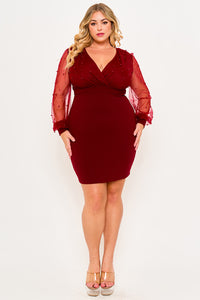 Symphony Dress - Pearl Beaded On Mesh With Contrast Power Satin Night Out Plus Size Mini Dress | Zezebe