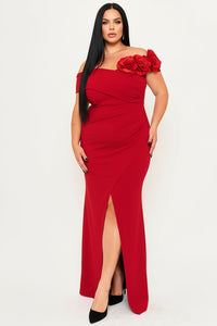 Symphony Dress - Flower Corsage On One Side Off The Shoulder Plus Size Maxi Dress | Zezebe