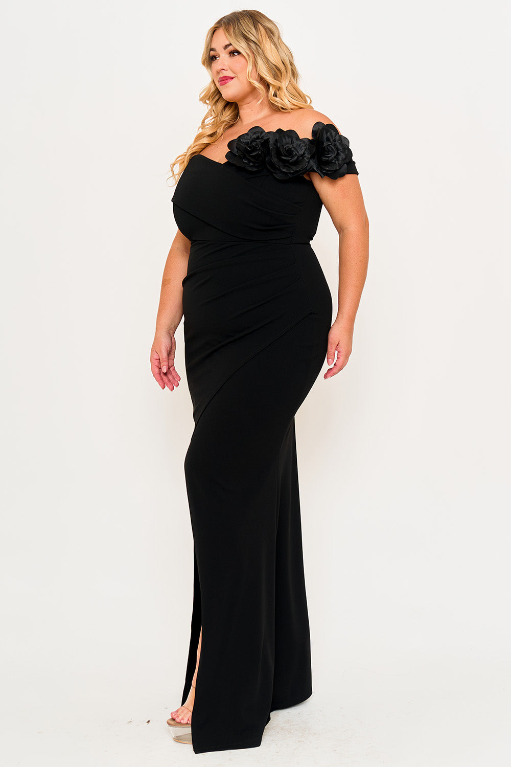 Symphony Dress - Flower Corsage On One Side Off The Shoulder Plus Size Maxi Dress | Zezebe