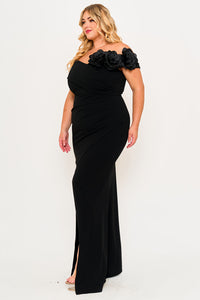 Symphony Dress - Flower Corsage On One Side Off The Shoulder Plus Size Maxi Dress | Zezebe