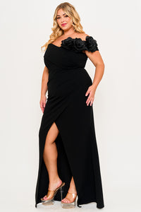 Symphony Dress - Flower Corsage On One Side Off The Shoulder Plus Size Maxi Dress | Zezebe