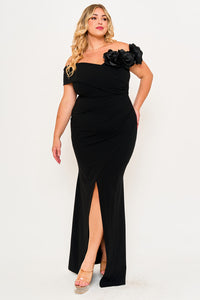 Symphony Dress - Flower Corsage On One Side Off The Shoulder Plus Size Maxi Dress | Zezebe