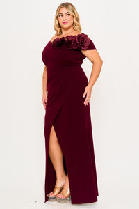 Symphony Dress - Flower Corsage On One Side Off The Shoulder Plus Size Maxi Dress | Zezebe