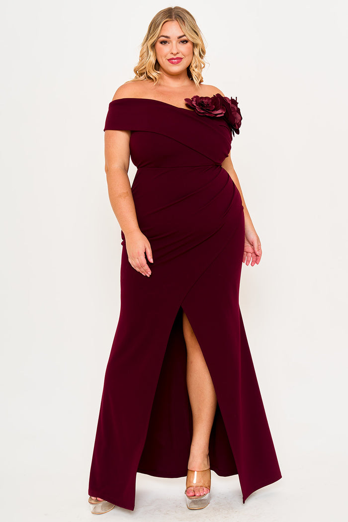 Flower Corsage On One Side Off The Shoulder Plus Size Maxi Dress