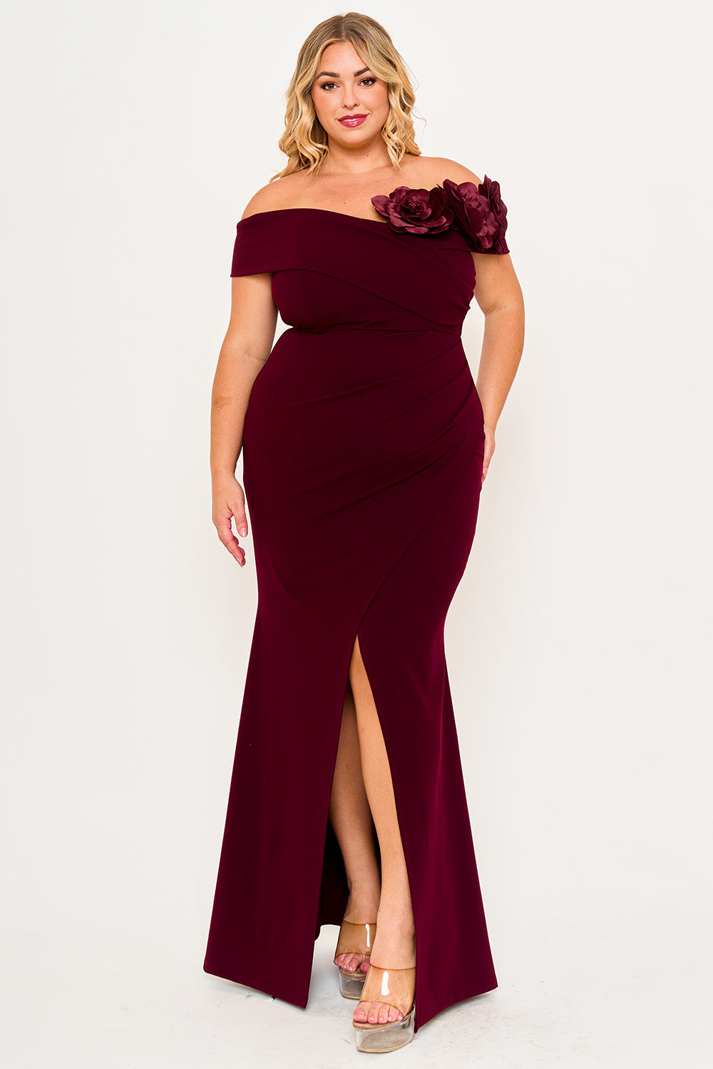 Symphony Dress - Flower Corsage On One Side Off The Shoulder Plus Size Maxi Dress | Zezebe