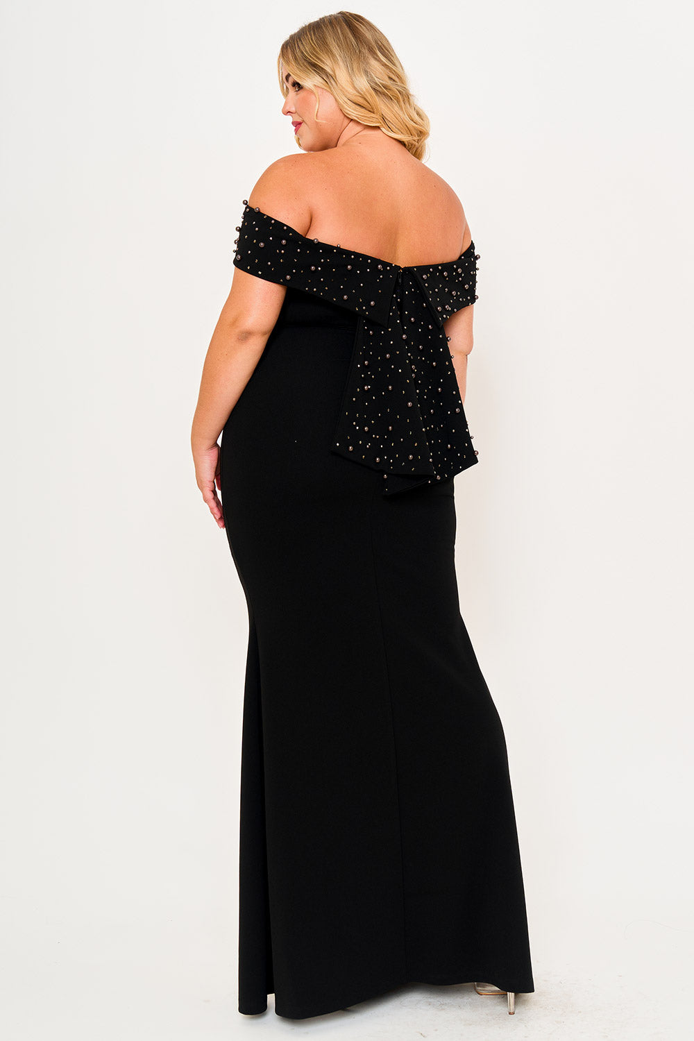 Symphony Dress - Pearl Beaded Detail Off The Shoulder Mermaid Plus Size Maxi Dress | Zezebe