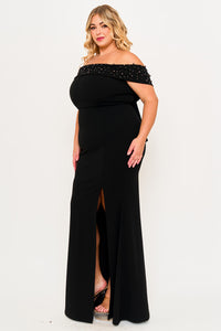 Symphony Dress - Pearl Beaded Detail Off The Shoulder Mermaid Plus Size Maxi Dress | Zezebe
