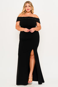 Symphony Dress - Pearl Beaded Detail Off The Shoulder Mermaid Plus Size Maxi Dress | Zezebe