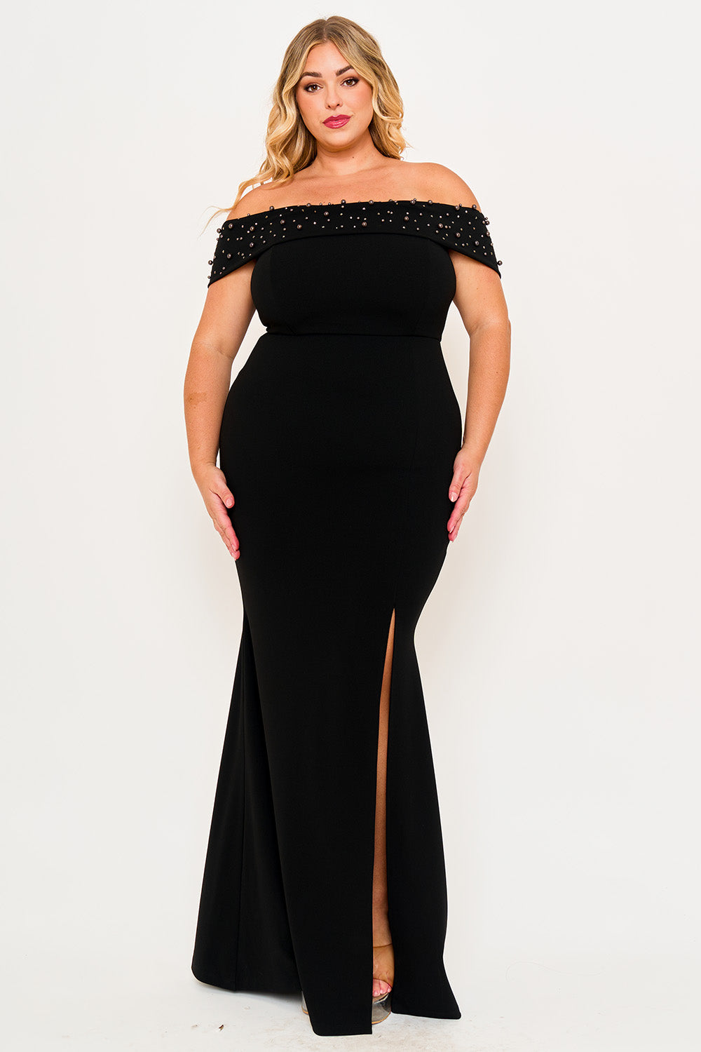 Symphony Dress - Pearl Beaded Detail Off The Shoulder Mermaid Plus Size Maxi Dress | Zezebe
