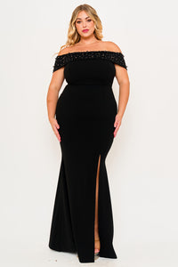 Symphony Dress - Pearl Beaded Detail Off The Shoulder Mermaid Plus Size Maxi Dress | Zezebe