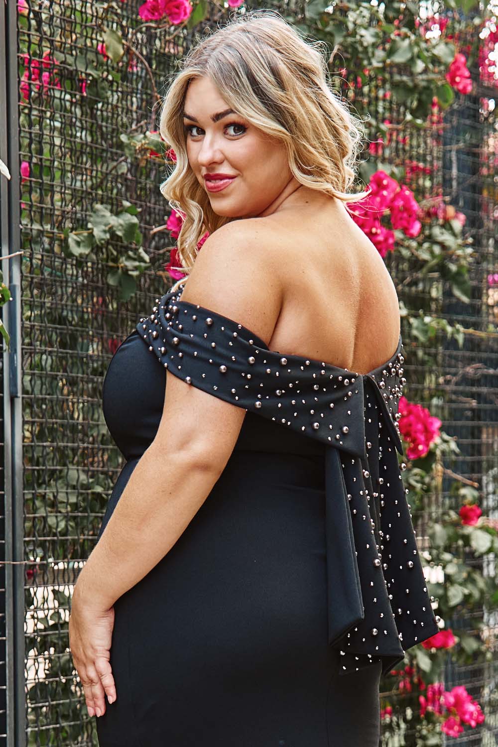 Symphony Dress - Pearl Beaded Detail Off The Shoulder Mermaid Plus Size Maxi Dress | Zezebe