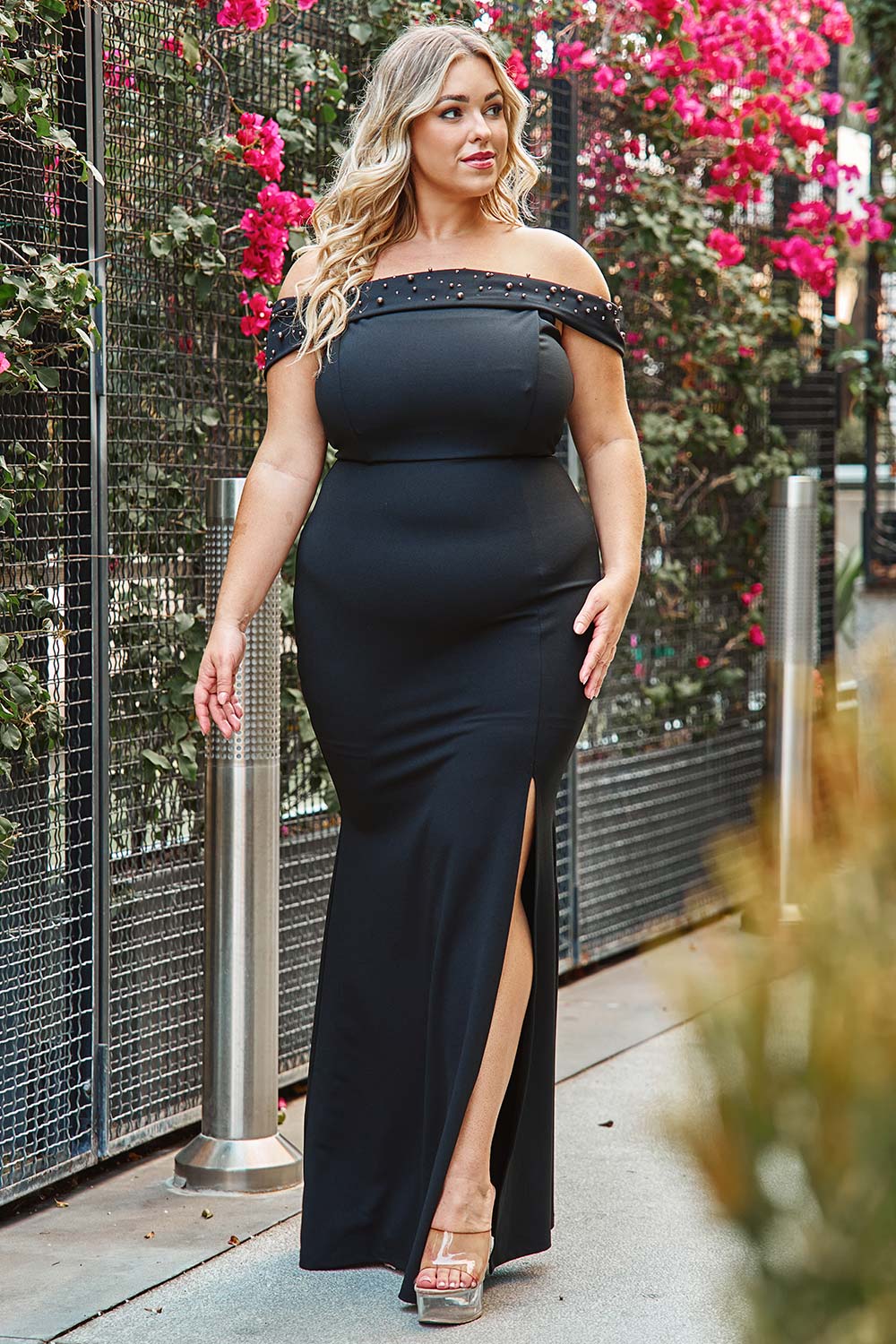 Symphony Dress - Pearl Beaded Detail Off The Shoulder Mermaid Plus Size Maxi Dress | Zezebe