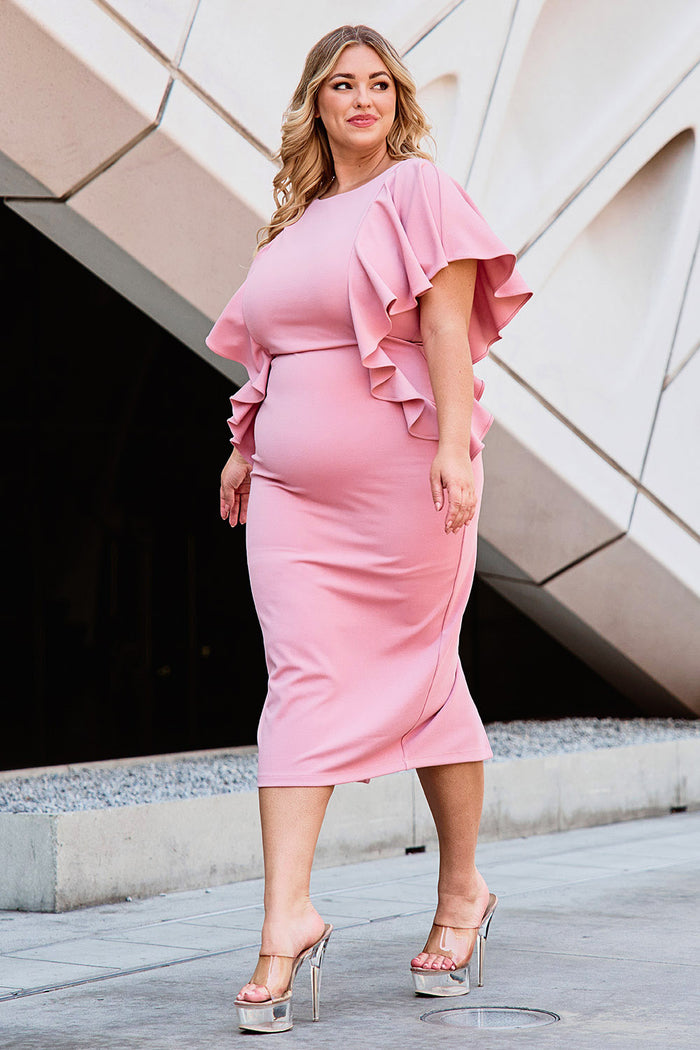 Symphony Dress - Drop Shoulder With Ruffle Night Out Plus Size Midi Dress | Zezebe