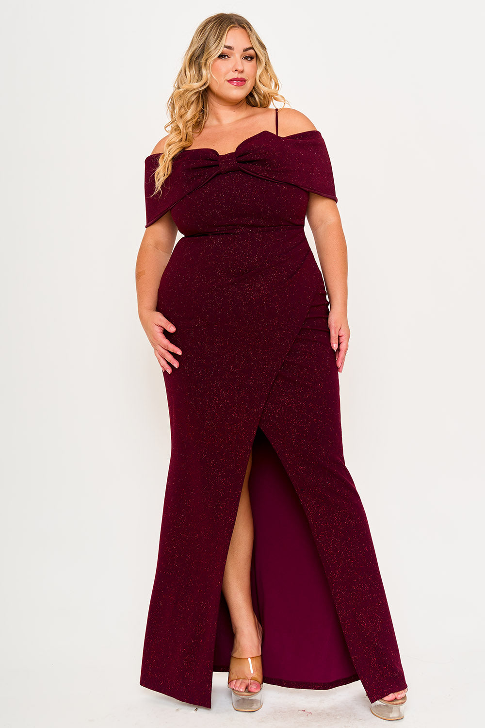 Symphony Dress - Glitter Bow Front Open Shoulder Plus Size Maxi Dress | Zezebe