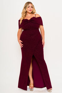 Symphony Dress - Glitter Bow Front Open Shoulder Plus Size Maxi Dress | Zezebe