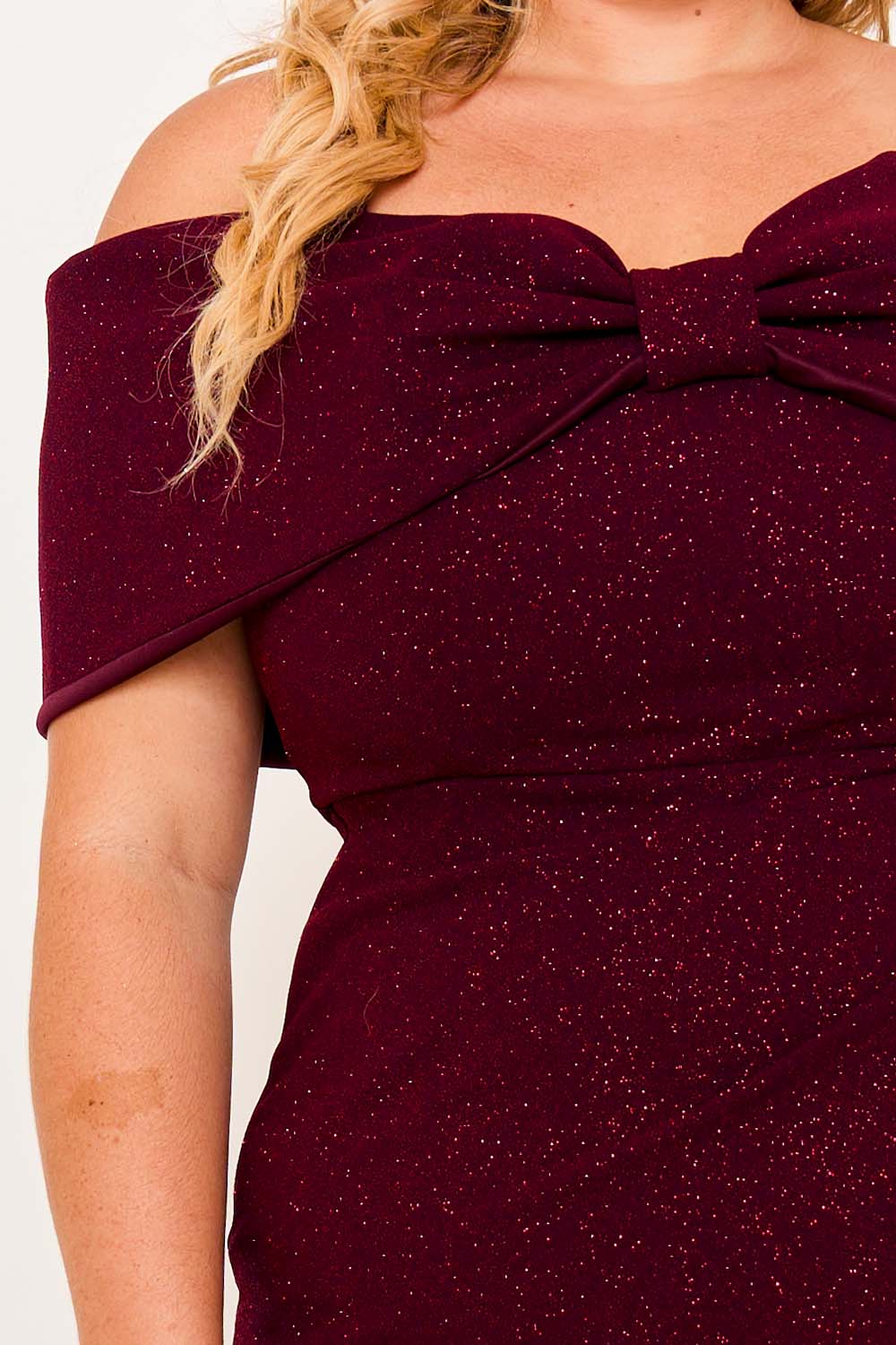 Symphony Dress - Glitter Bow Front Open Shoulder Plus Size Maxi Dress | Zezebe