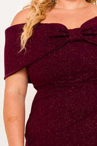 Symphony Dress - Glitter Bow Front Open Shoulder Plus Size Maxi Dress | Zezebe
