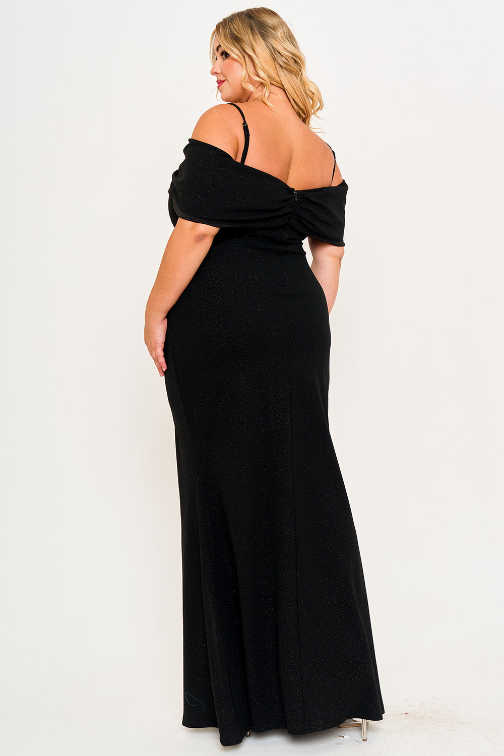 Symphony Dress - Glitter Bow Front Open Shoulder Plus Size Maxi Dress | Zezebe