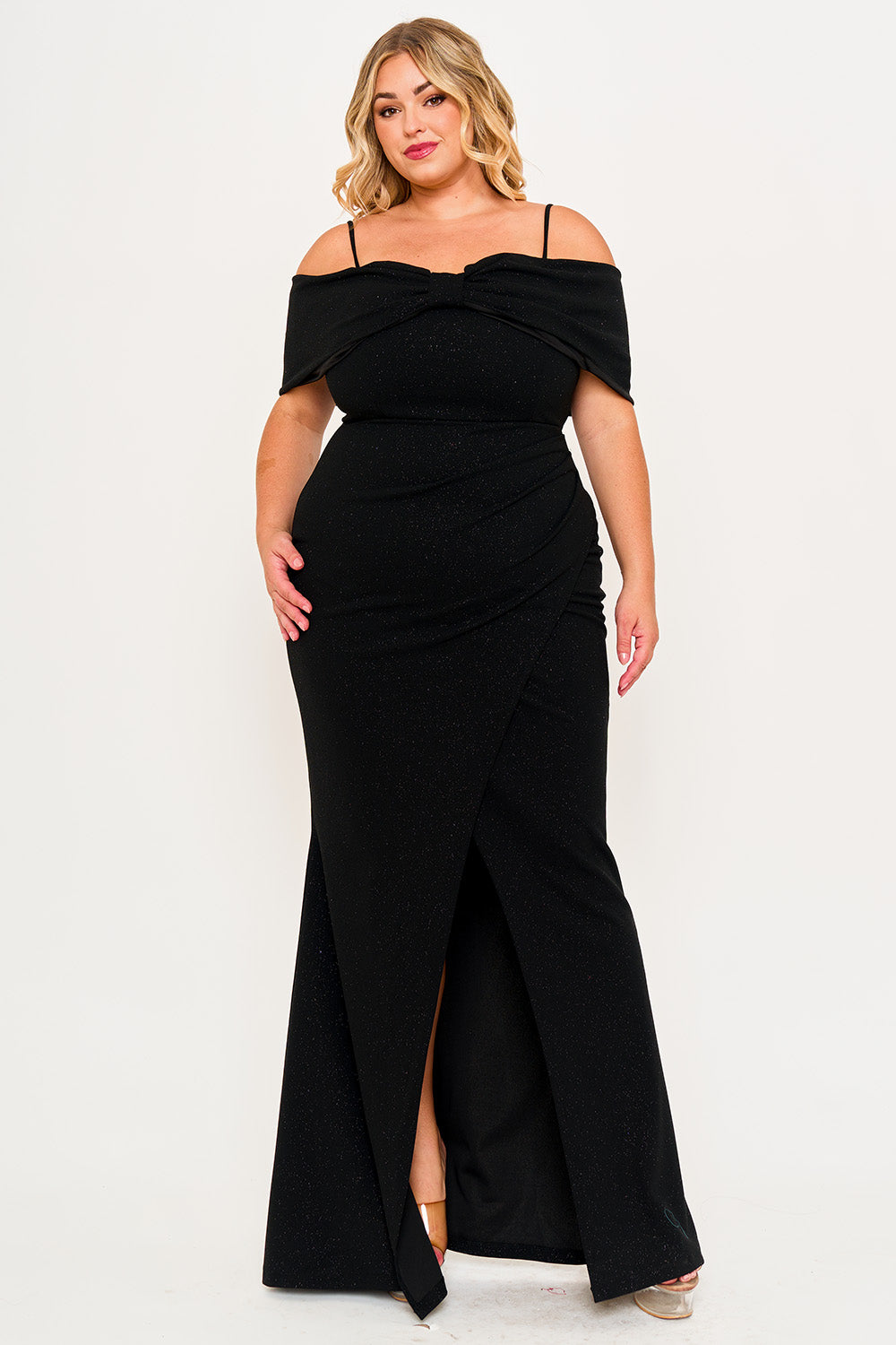 Symphony Dress - Glitter Bow Front Open Shoulder Plus Size Maxi Dress | Zezebe