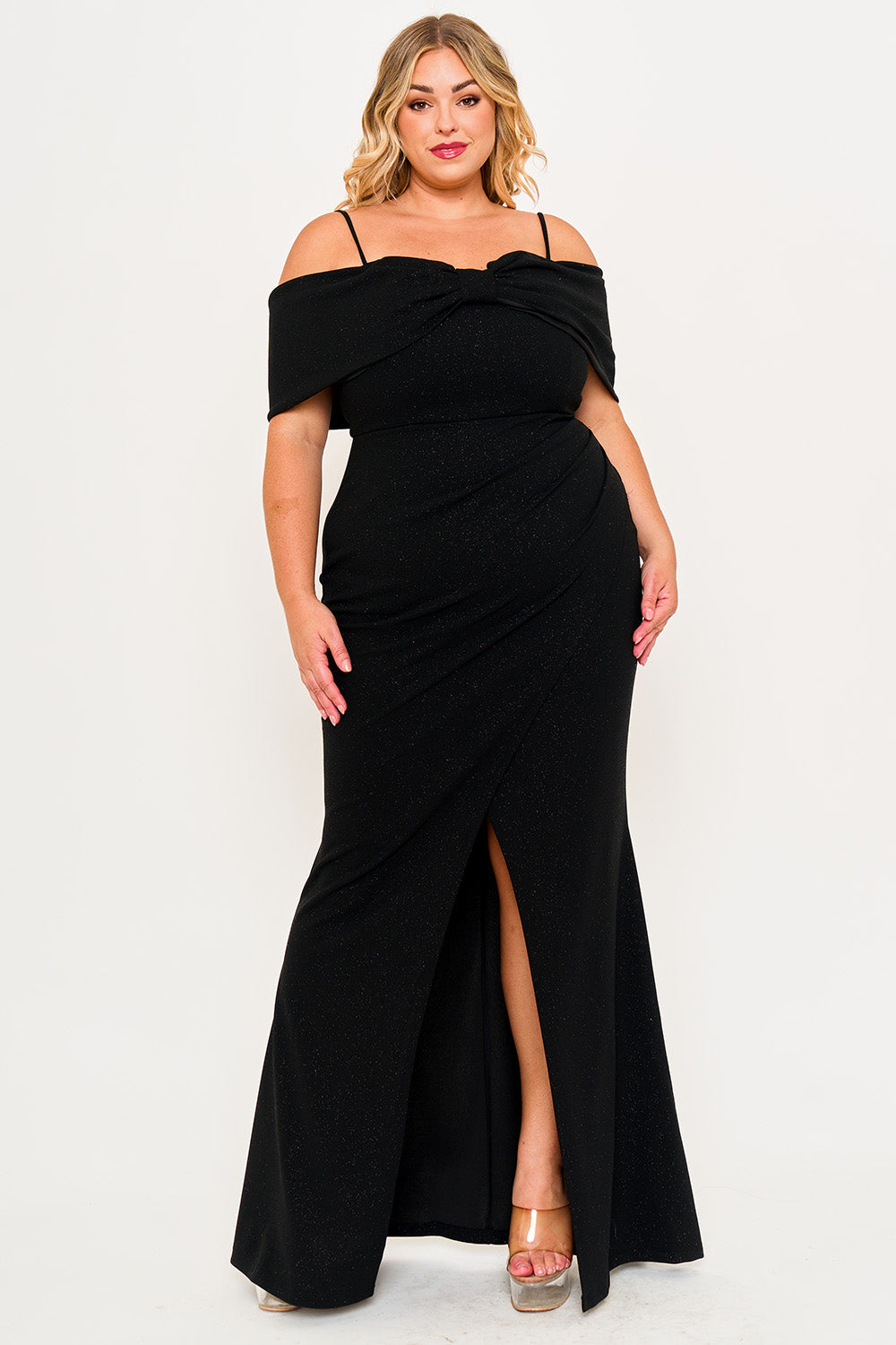 Symphony Dress - Glitter Bow Front Open Shoulder Plus Size Maxi Dress | Zezebe