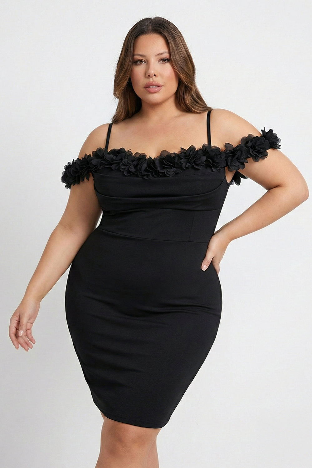 Symphony Dress - Off The Shoulder Floral Appliques Night Out Plus Size Mini Dress | Zezebe