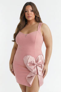 Plus Size Night Out Dress - Satin Bow Detail Fabric Contrast Plus Size Mini Dress | Zezebe