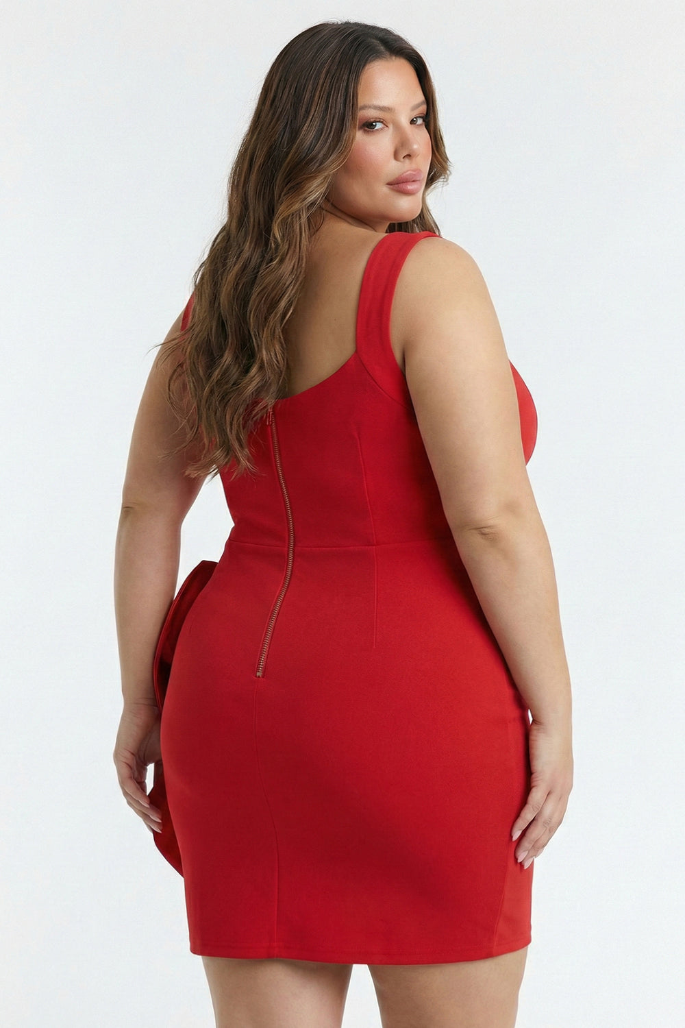 Plus Size Night Out Dress - Satin Bow Detail Fabric Contrast Plus Size Mini Dress | Zezebe