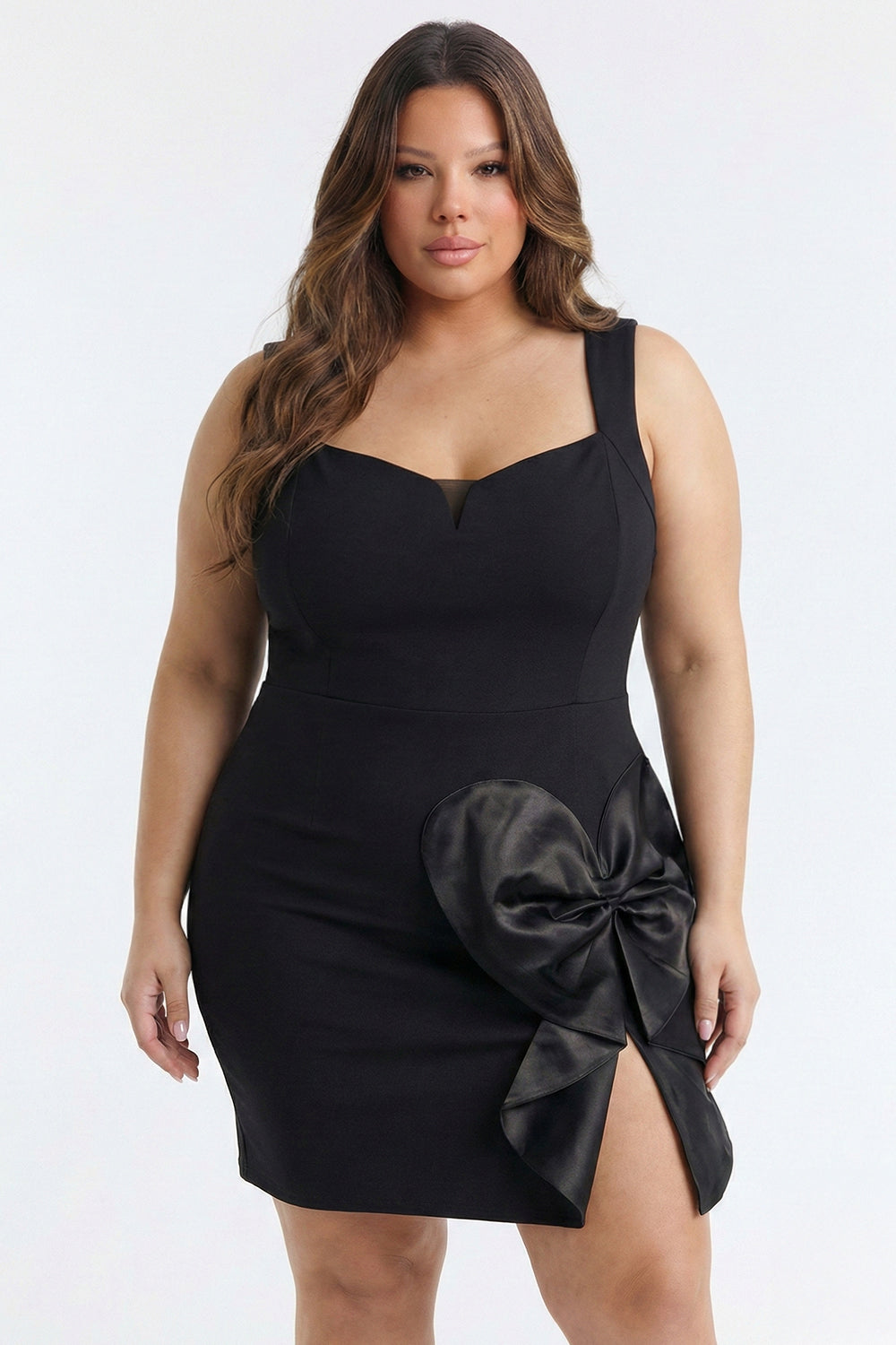 Plus Size Night Out Dress - Satin Bow Detail Fabric Contrast Plus Size Mini Dress | Zezebe