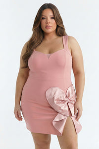 Plus Size Night Out Dress - Satin Bow Detail Fabric Contrast Plus Size Mini Dress | Zezebe