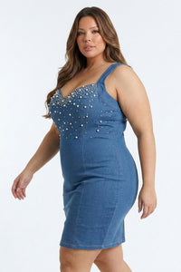Pearl Beaded Top Denim Plus Size Mini Dress