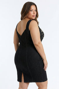 Pearl Beaded Top Denim Plus Size Mini Dress