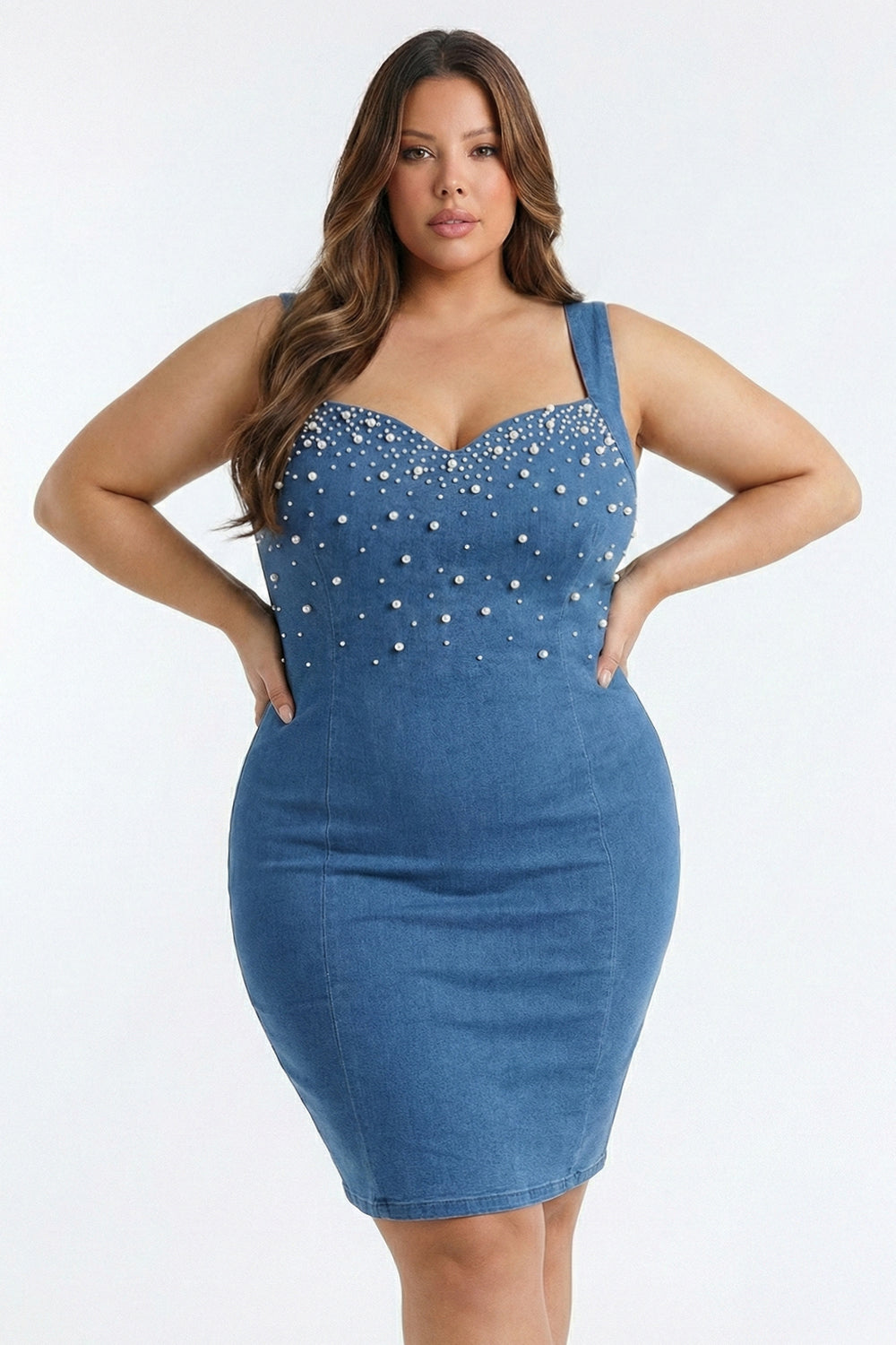 Symphony Dress - Pearl Beaded Top Denim Plus Size Mini Dress