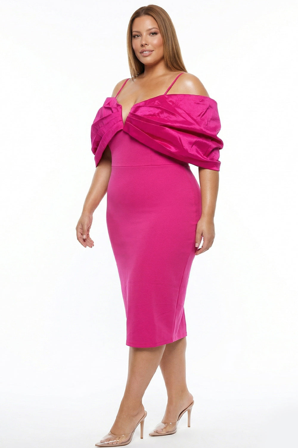 Oversized Bow Off The Shoulder Plus Size Midi Dress